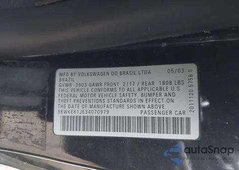 2003 Volkswagen Gti 20Th Anniversary Edition from USA, damaged, VIN 9BWKE61J634070979